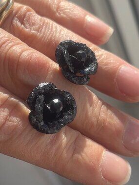 Midnight Noir Shimmer Rose Stud Earrings - Goth Glam